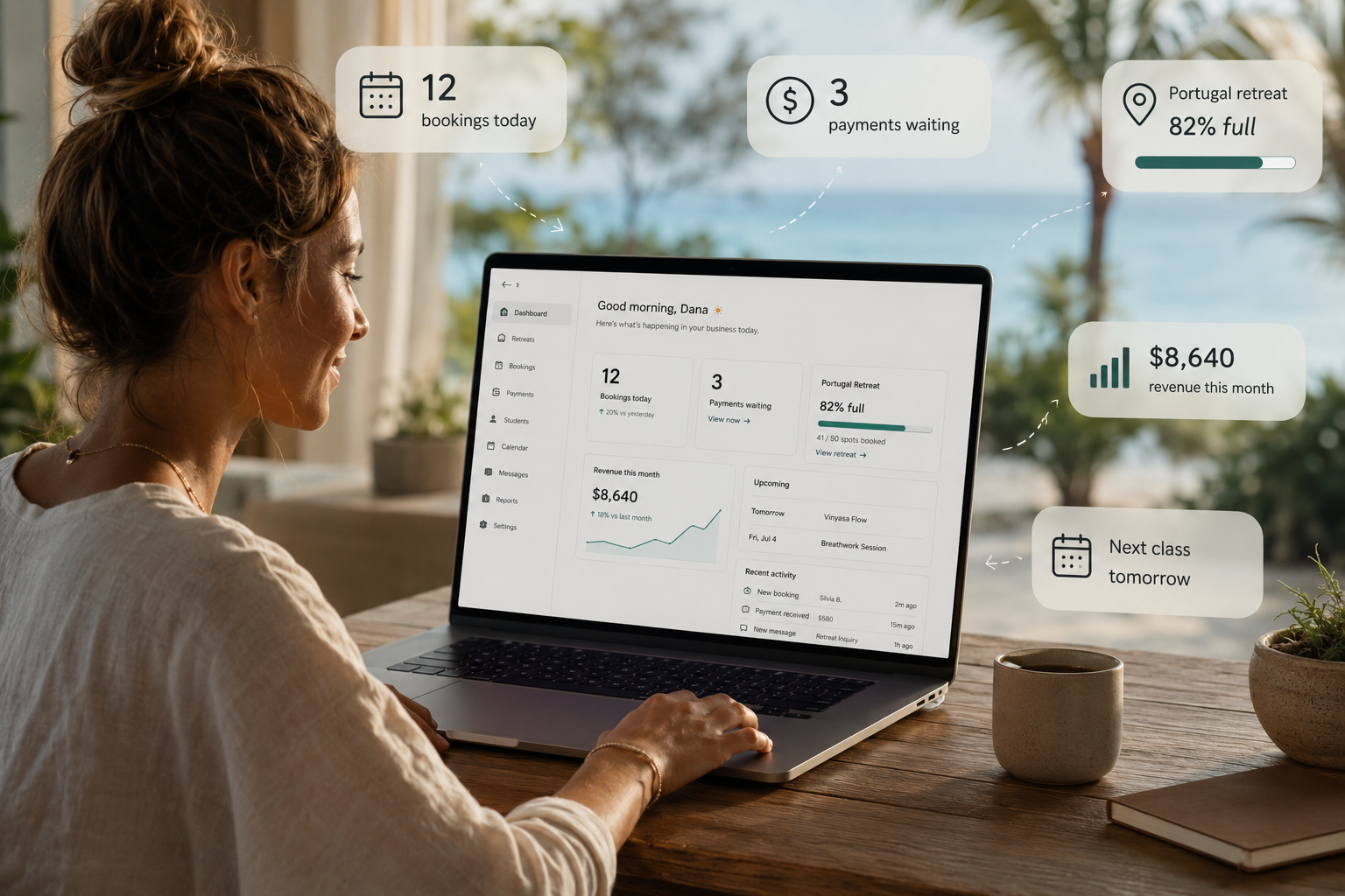 A retreat leader running her business on the RetreatsOS dashboard — 12 bookings today, 3 payments waiting, Portugal retreat 82% full, revenue this month, next class tomorrow